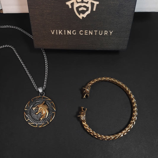 Set 2 piese Lupul Viking Auriu - Brățară și Colier